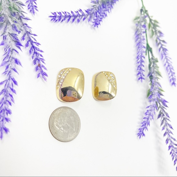 Vintage Signed Sarah Coventry Gold Crystal Stripe Clip On Earrings - Picture 4 of 5